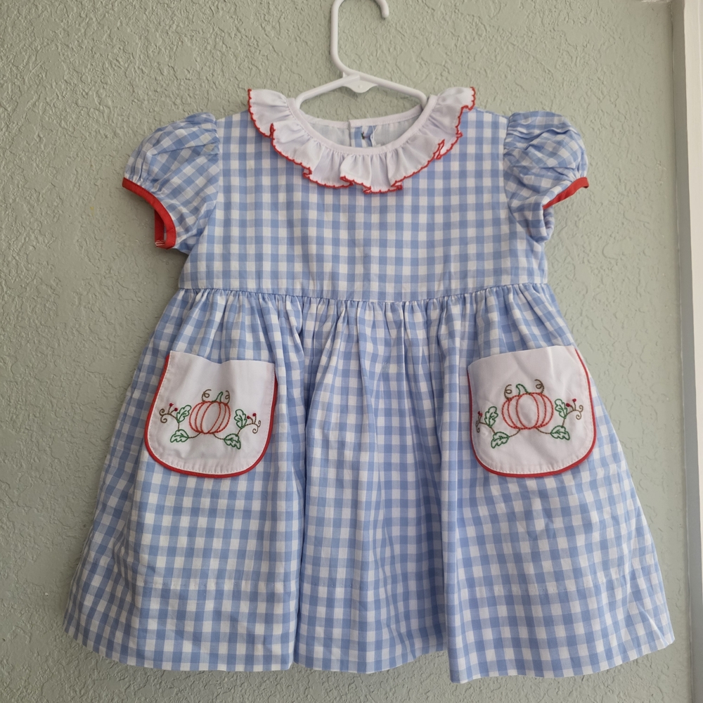 Blue and White Gingham Kids Dress with Pumpkin Embroidery